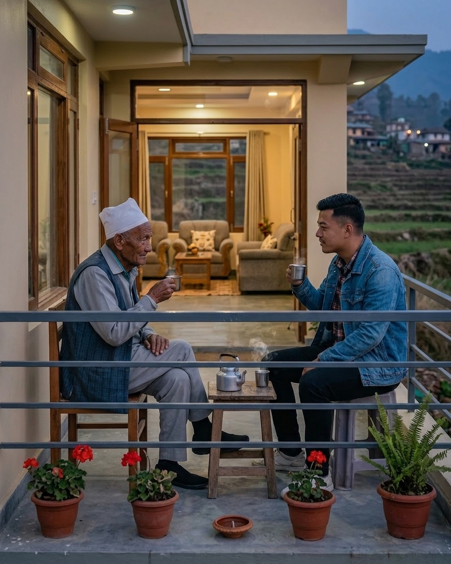 A Home Manager sitting with an older woman over tea during a welfare visit.