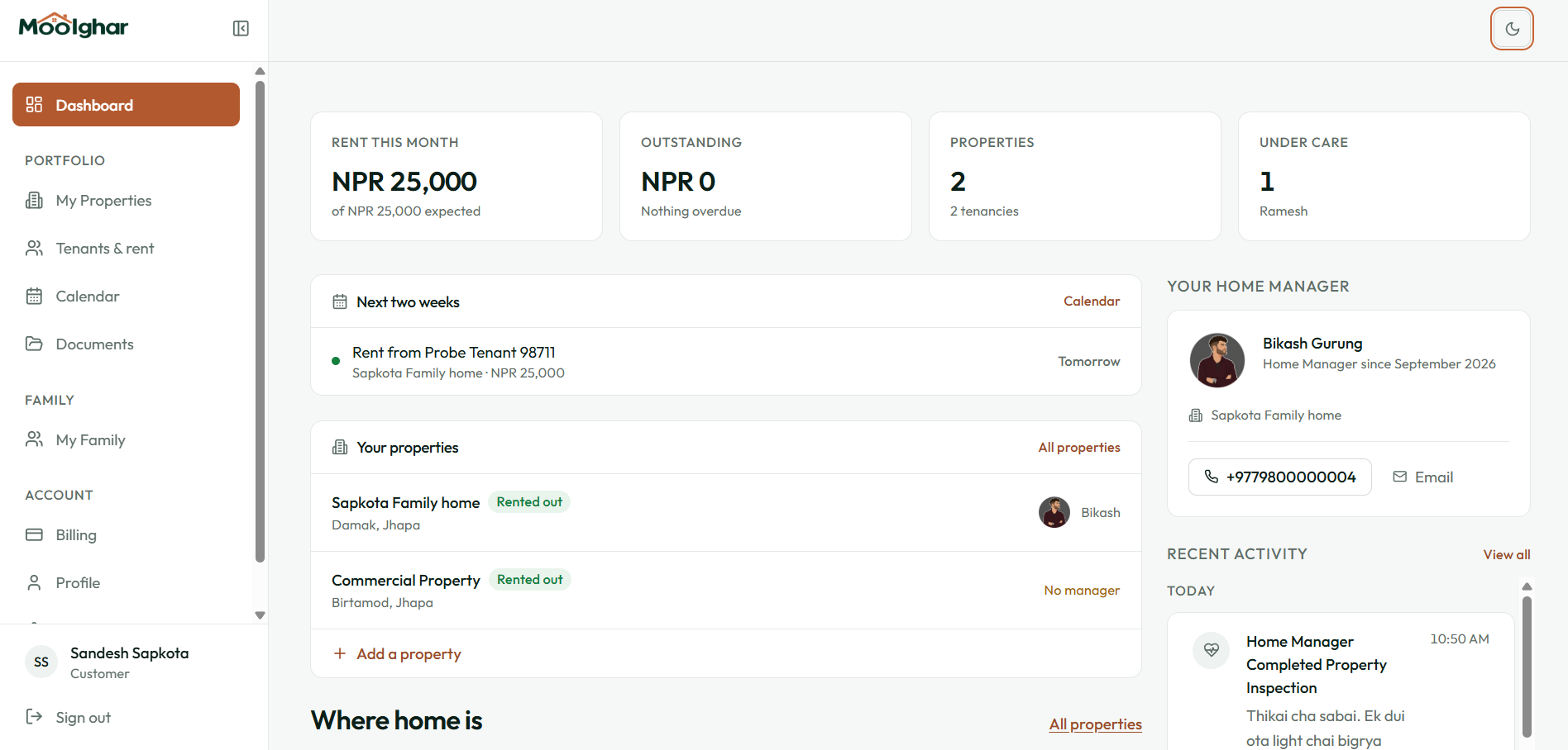 Moolghar Customer Dashboard live preview showing rental income, properties, assigned Home Manager, and activity feed