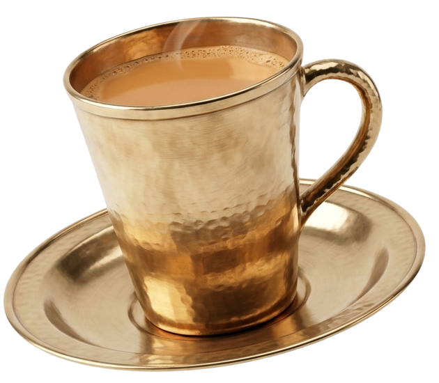 Handcrafted Nepali brass chiya tea glass with saucer and warm steam