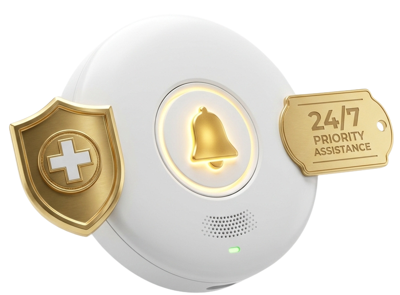 Smart emergency intercom assistance button with golden bell and shield