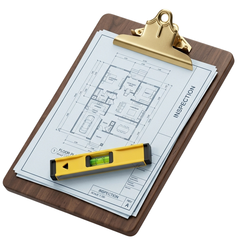 Architectural inspection clipboard with blueprints and spirit level