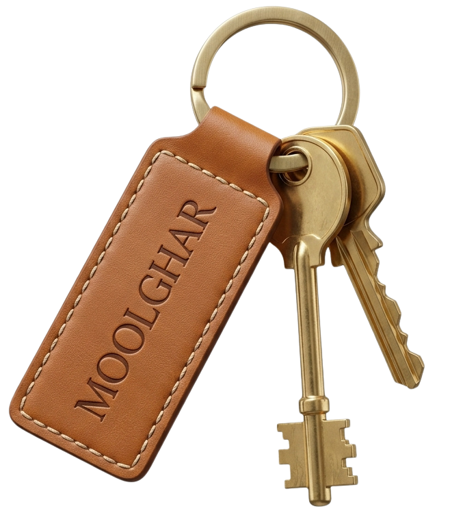 Luxury brass keys with Moolghar engraved leather fob