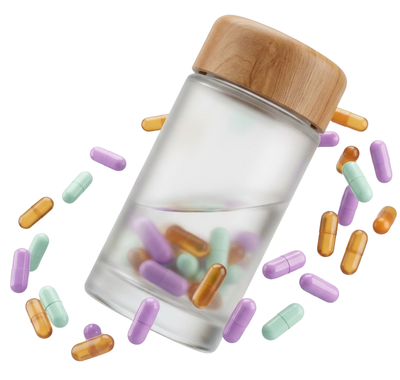 Frosted medicine bottle with floating colorful capsules