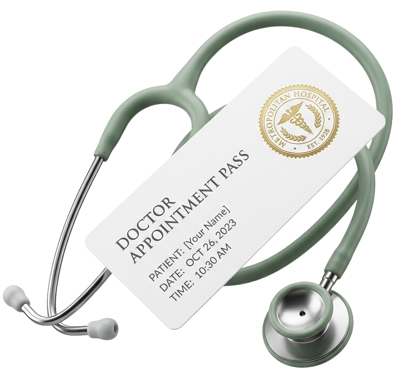 Sage green stethoscope with doctor appointment pass ticket